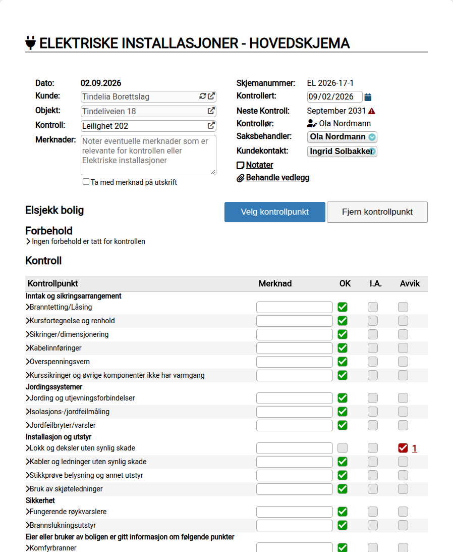 Hovedskjema for elsjekk i bolig i Inverio