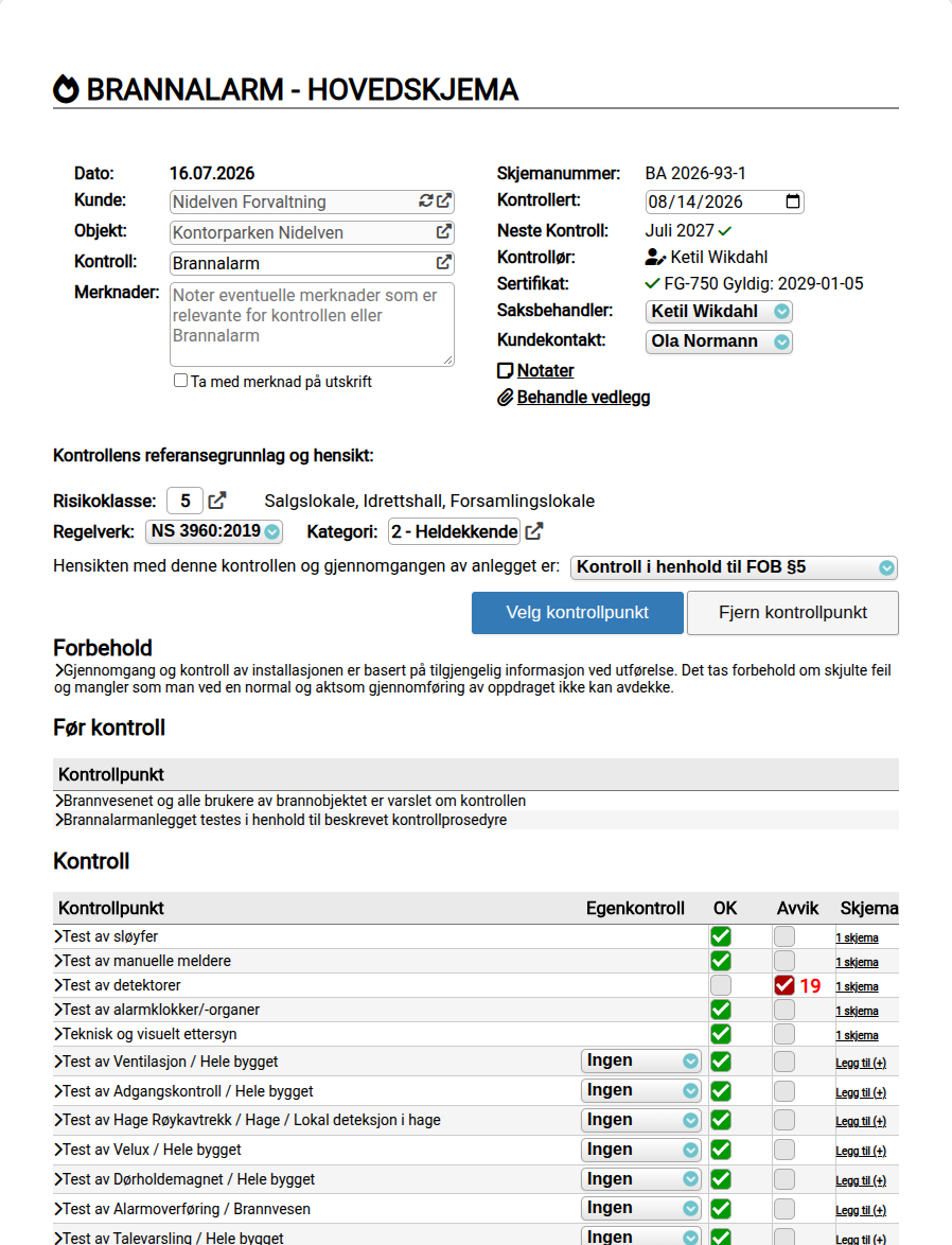 Kontrollskjema for brannalarm i Inverio med kontrollpunkter